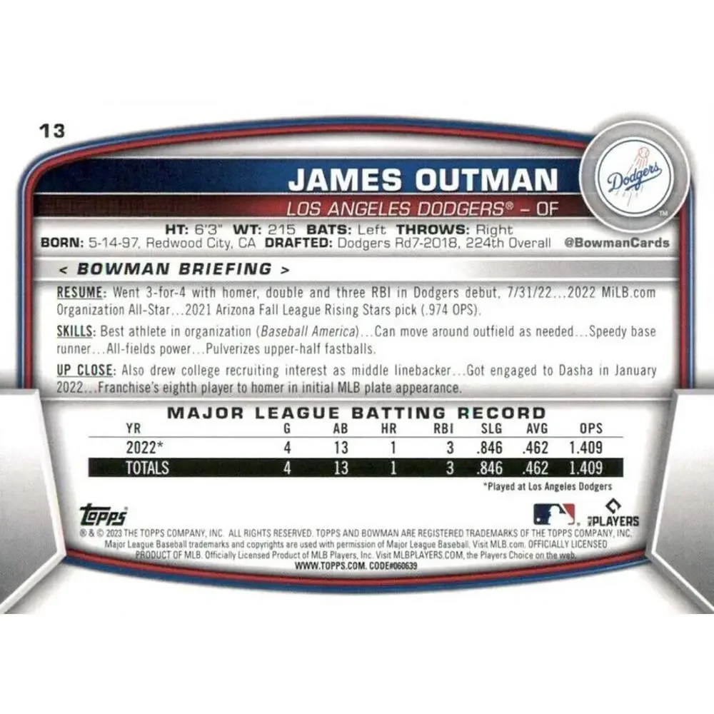 2023 Bowman James Outman RC #13 Los Angeles Dodgers